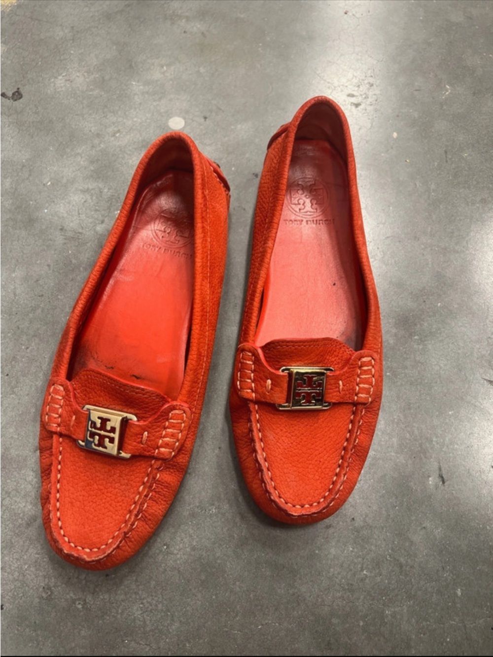 Tory Burch Orange Suede Driving Loafers with Gold Logo